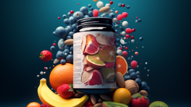 supplement bottle surrounded by fruit