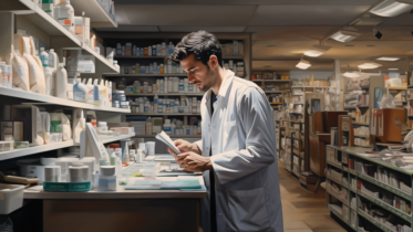pharmacist filling prescription bottles