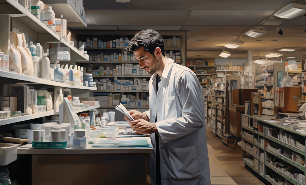 pharmacist filling prescription bottles