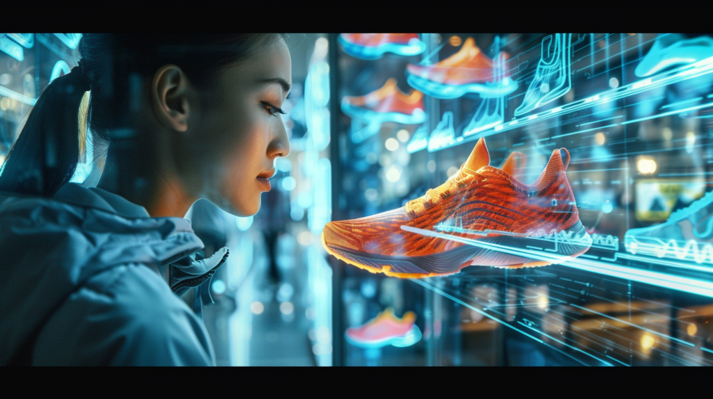 woman shopping for shoes in a futuristic setting