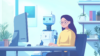 sales woman working on computer with a robot near her