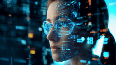 ai robot that looks like a woman with glasses and data on her face