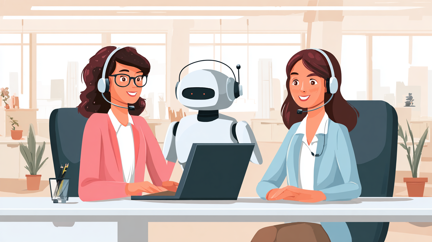 customer service reps and robot working together in call center