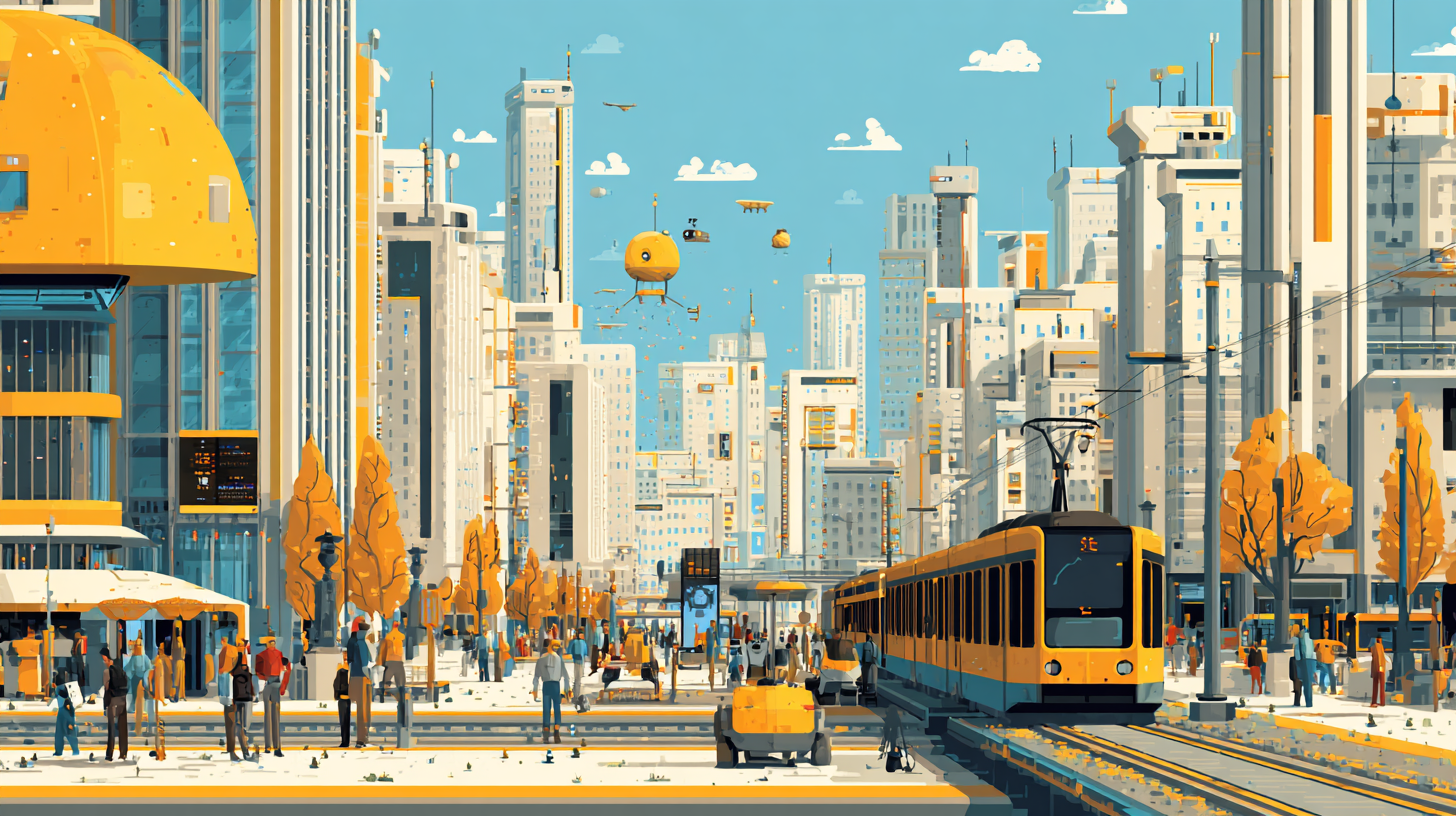 clean modern metro city with robots and people walking