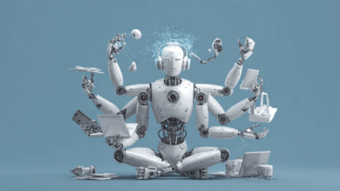 robot sitting on floor with lots of arms completing several tasks