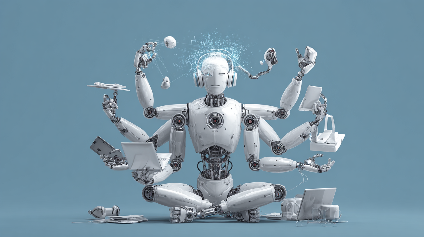 robot sitting on floor with lots of arms completing several tasks