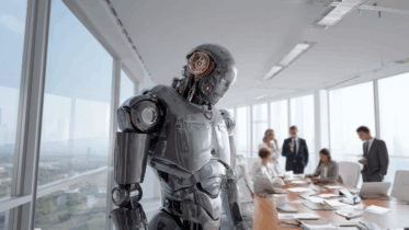 ai robot working in office being ignored by coworkers sitting at a table