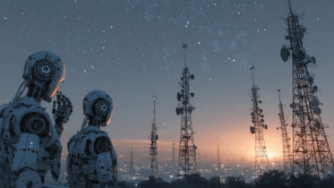 telecom towers with robots standing infront of them