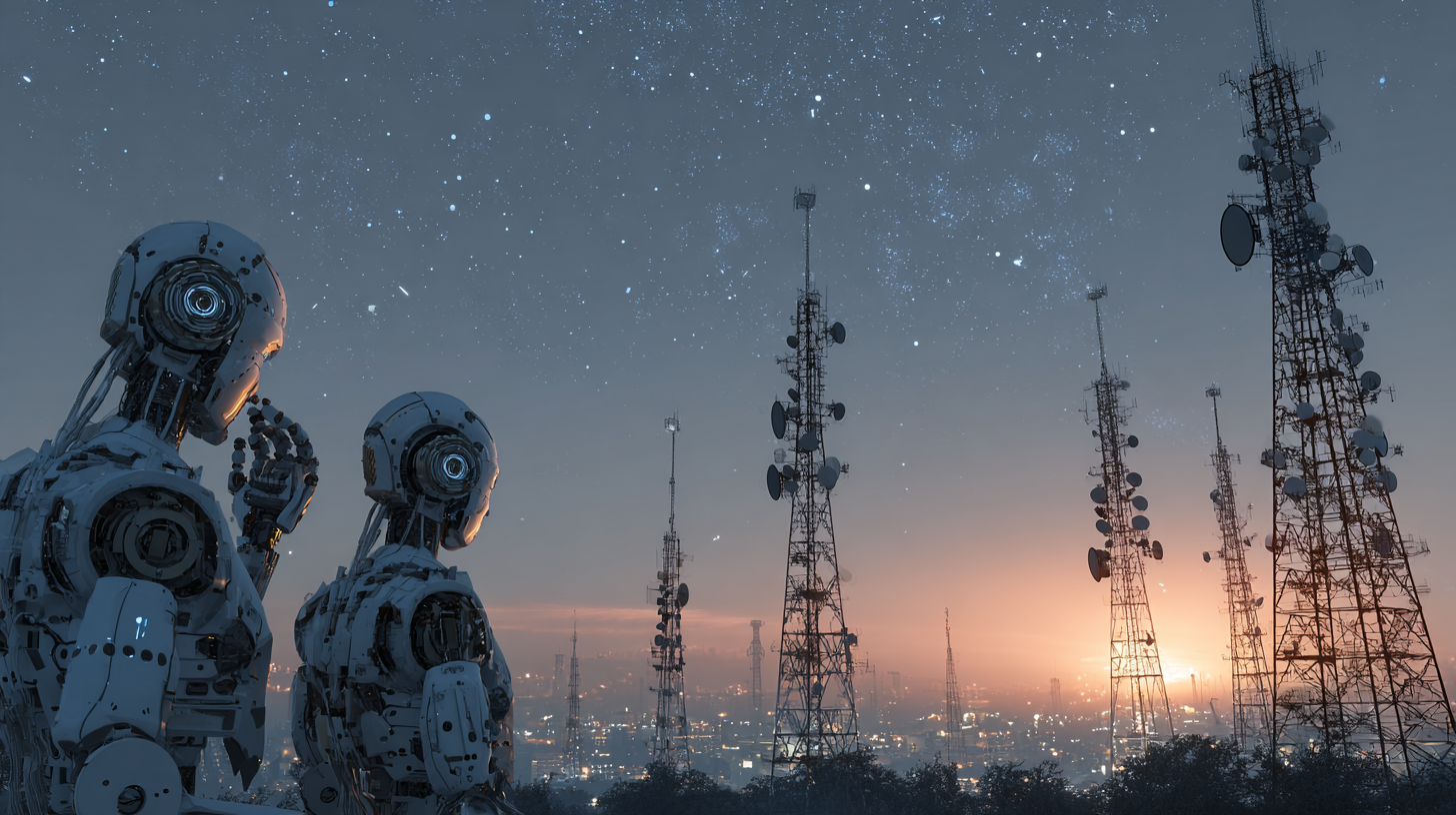 telecom towers with robots standing infront of them