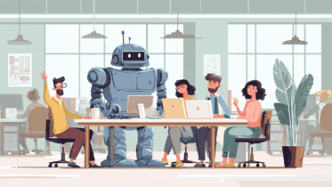 people working in an office at desk with laptops and robot