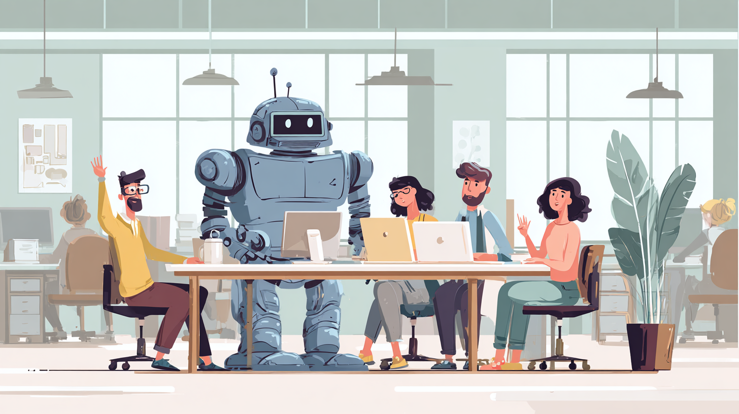 people working in an office at desk with laptops and robot