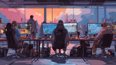 gaming studio with workers at computers