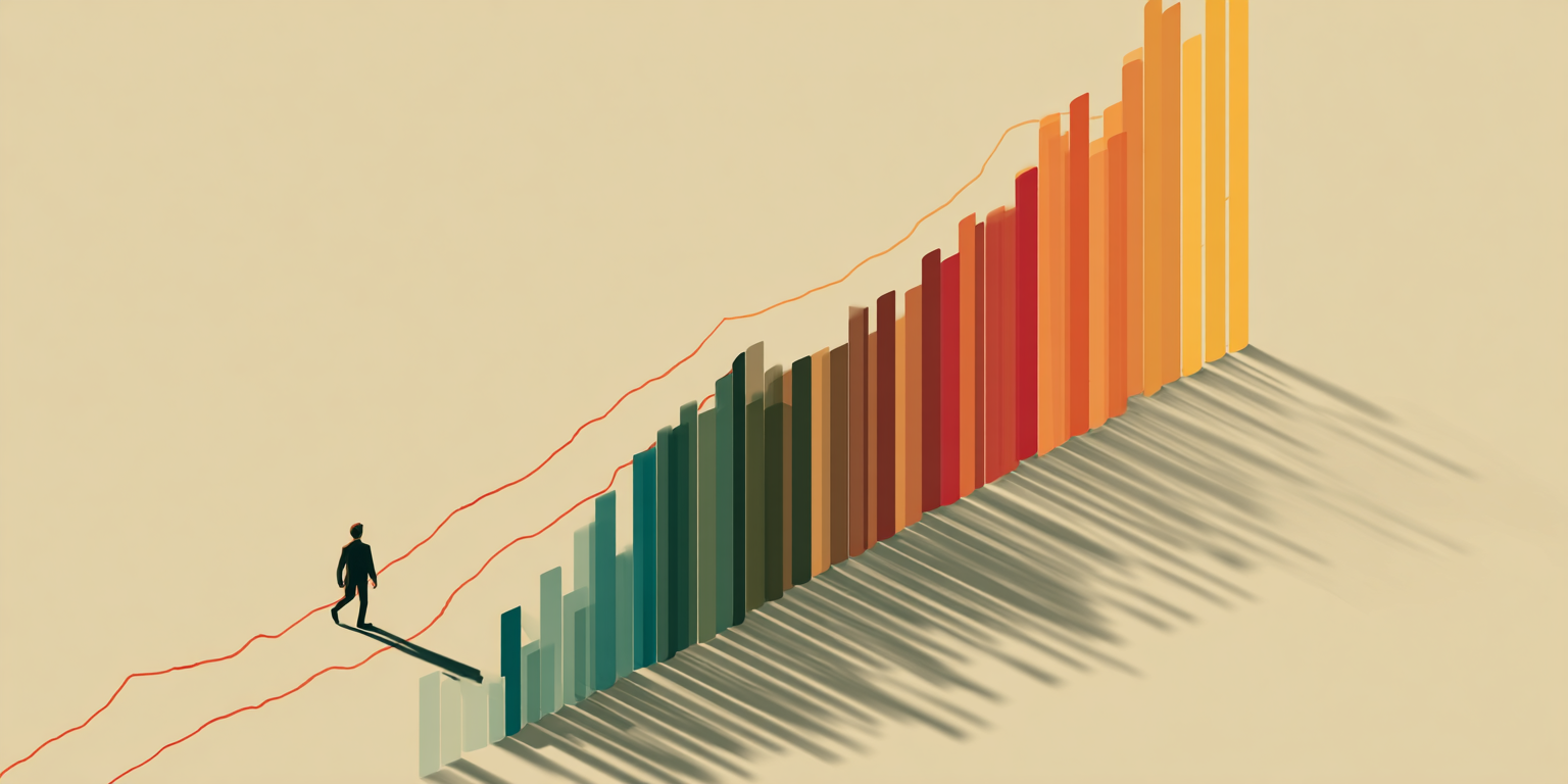 small man walking along bar graph increasing