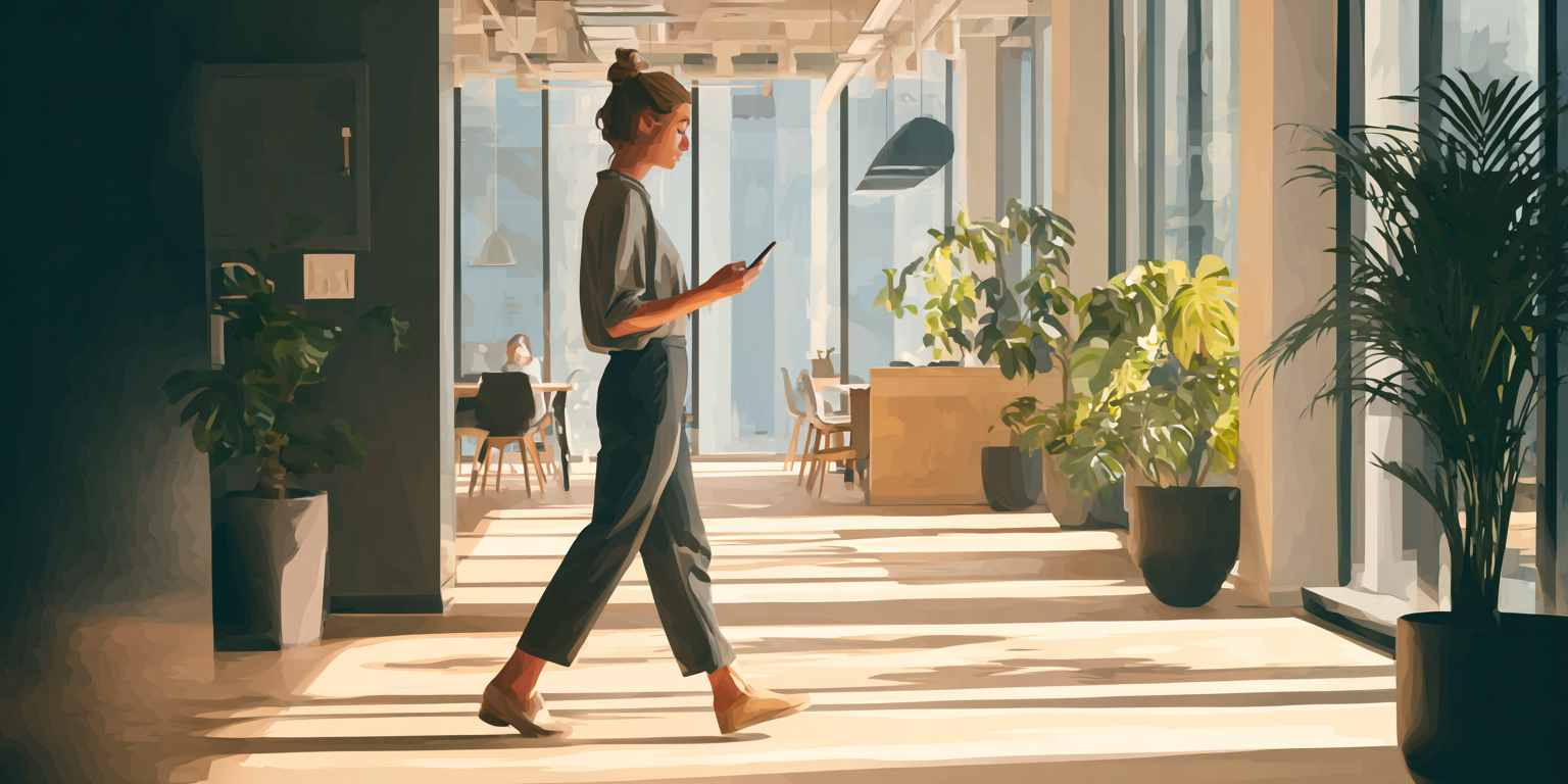 woman walking around office on mobile device