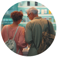 two people with back packs on shopping for a mobile phone